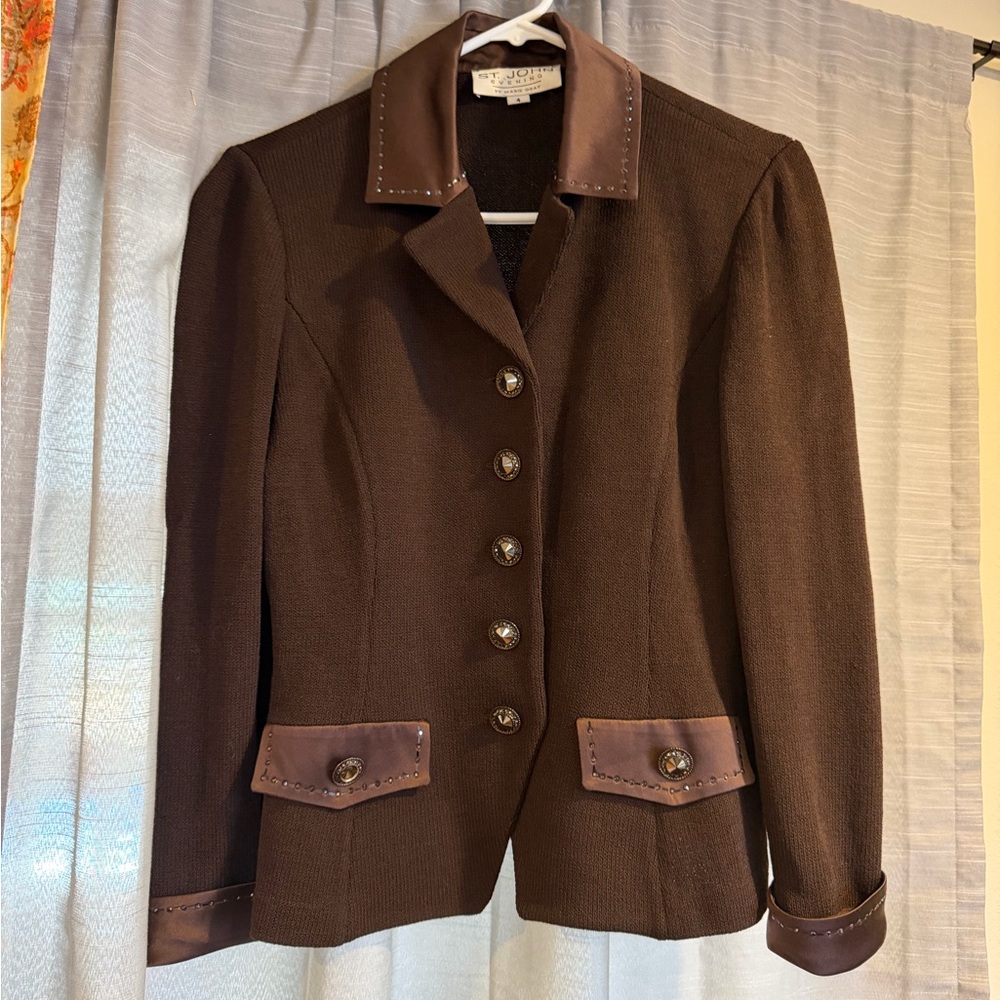 Vintage St. John Dark Brown Women's Blazer with Silk Accents Size 4